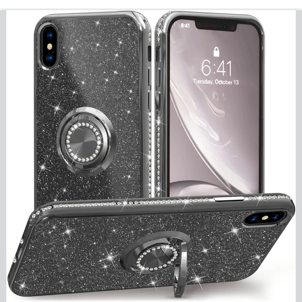 iPhone X 5.8 Black Glitter Phone‎ Case Ring Holder Stand Waterproof Camera New